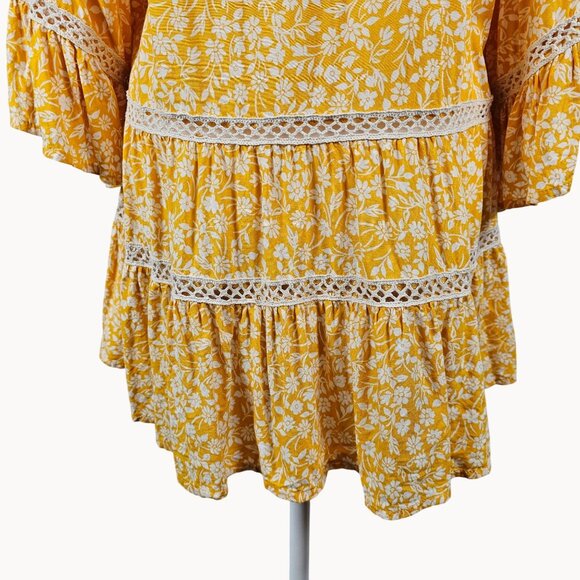 Womens Magnolia Lane L Tunic Yellow Floral Ruffled Boho Cottage Prairie Country - Picture 10 of 15